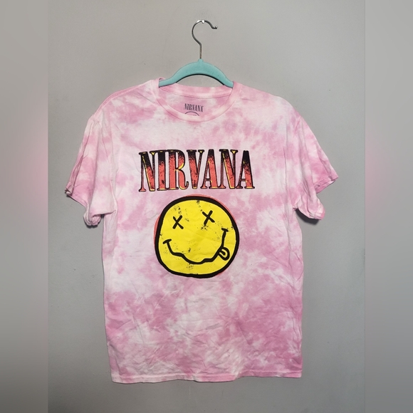 NWOT NIRVANA Sz Medium Smile Licensed Band Tee Pink Tie Dye T-Shirt 100% Cotton - Picture 2 of 7